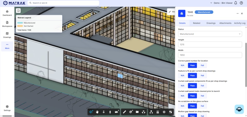The Matrak BIM viewer: a 3D model coloured by status with the Matrak legend, and a facade panel's checks marked pass