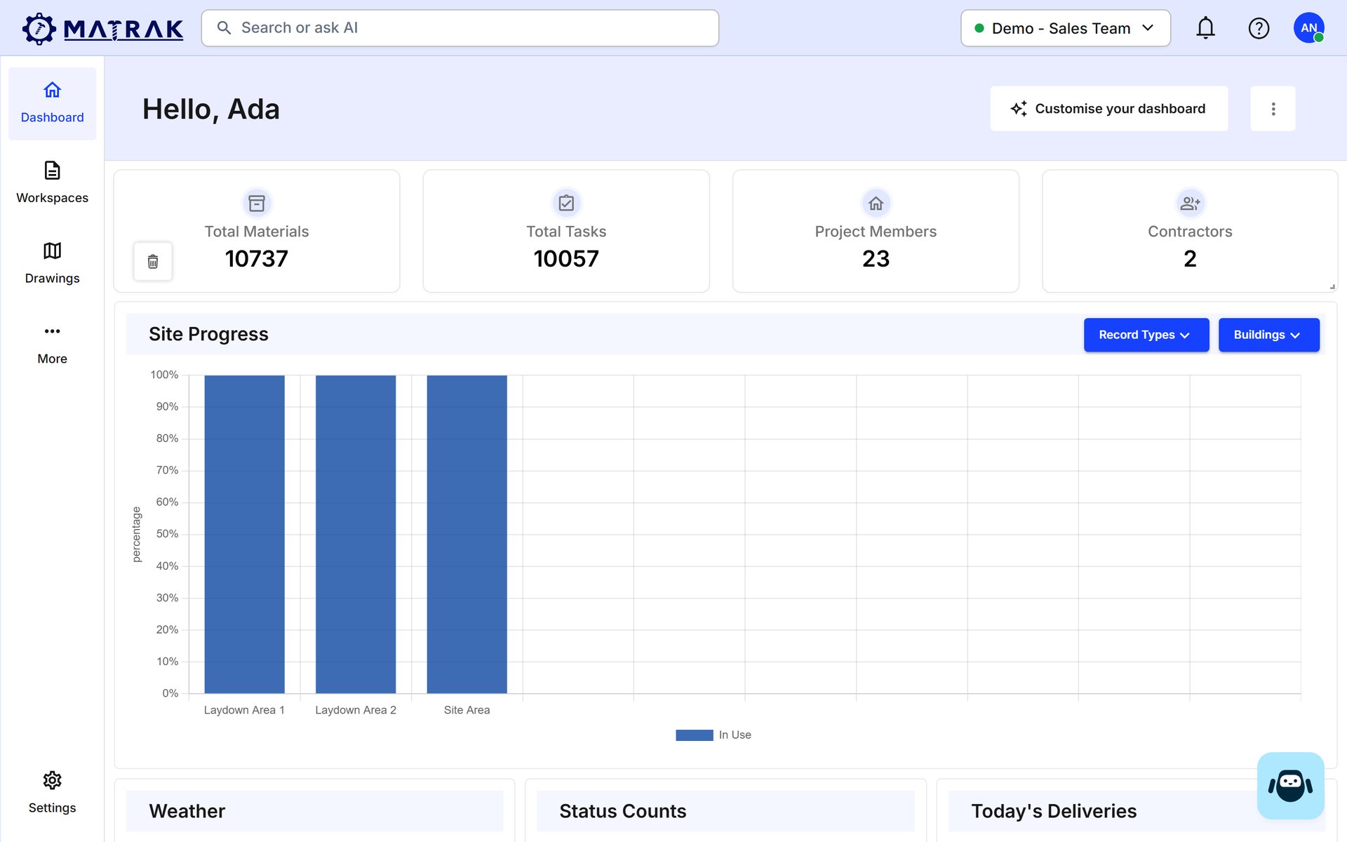 The Matrak dashboard: materials, tasks, members and contractors on the project, with site progress below