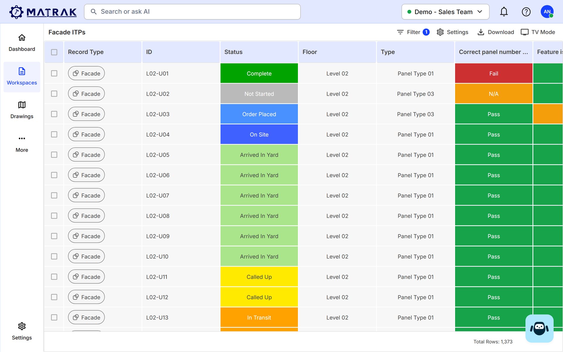 Matrak facade ITPs: each panel's status and checks marked pass, fail or N/A, by floor and panel type