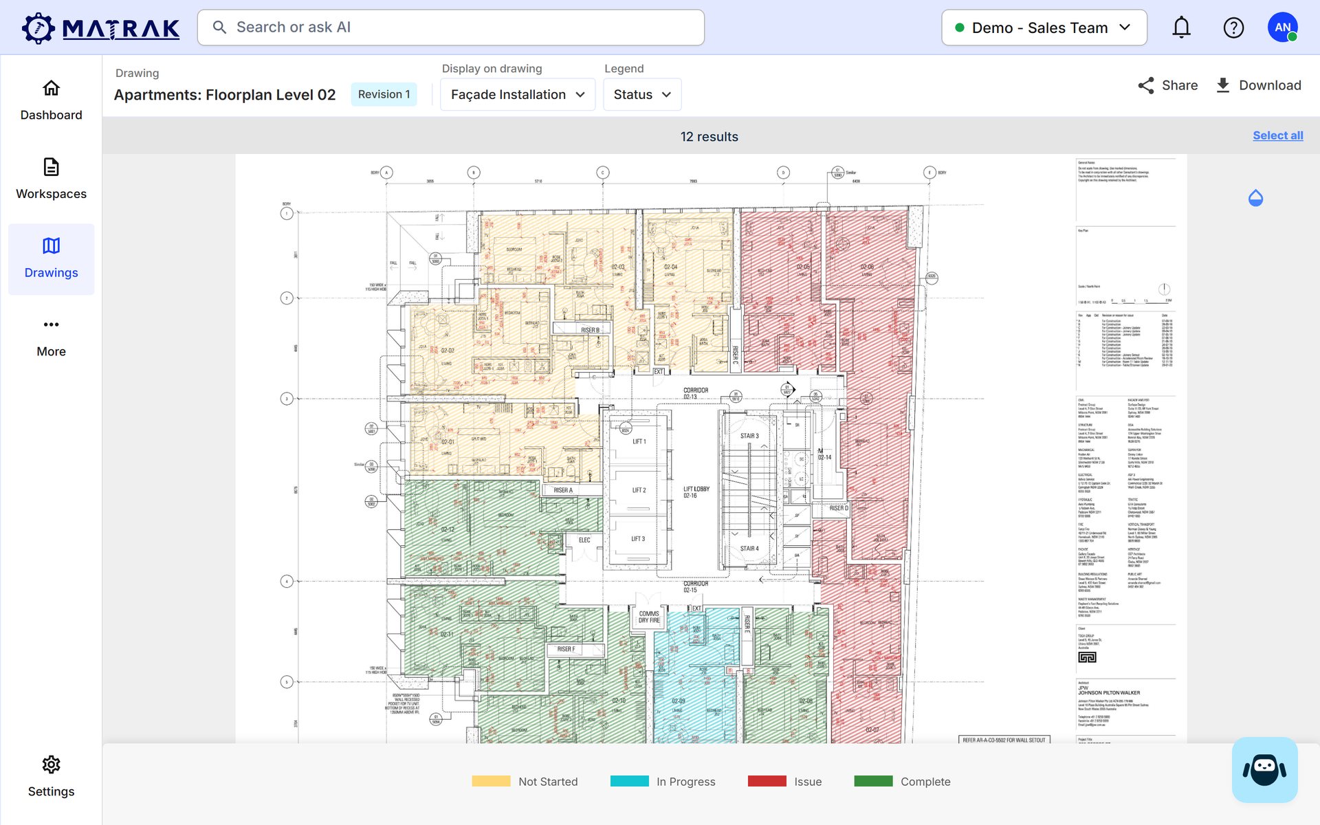 A Matrak floor plan of Level 02 with apartments coloured by facade installation status: not started, in progress, issue and complete