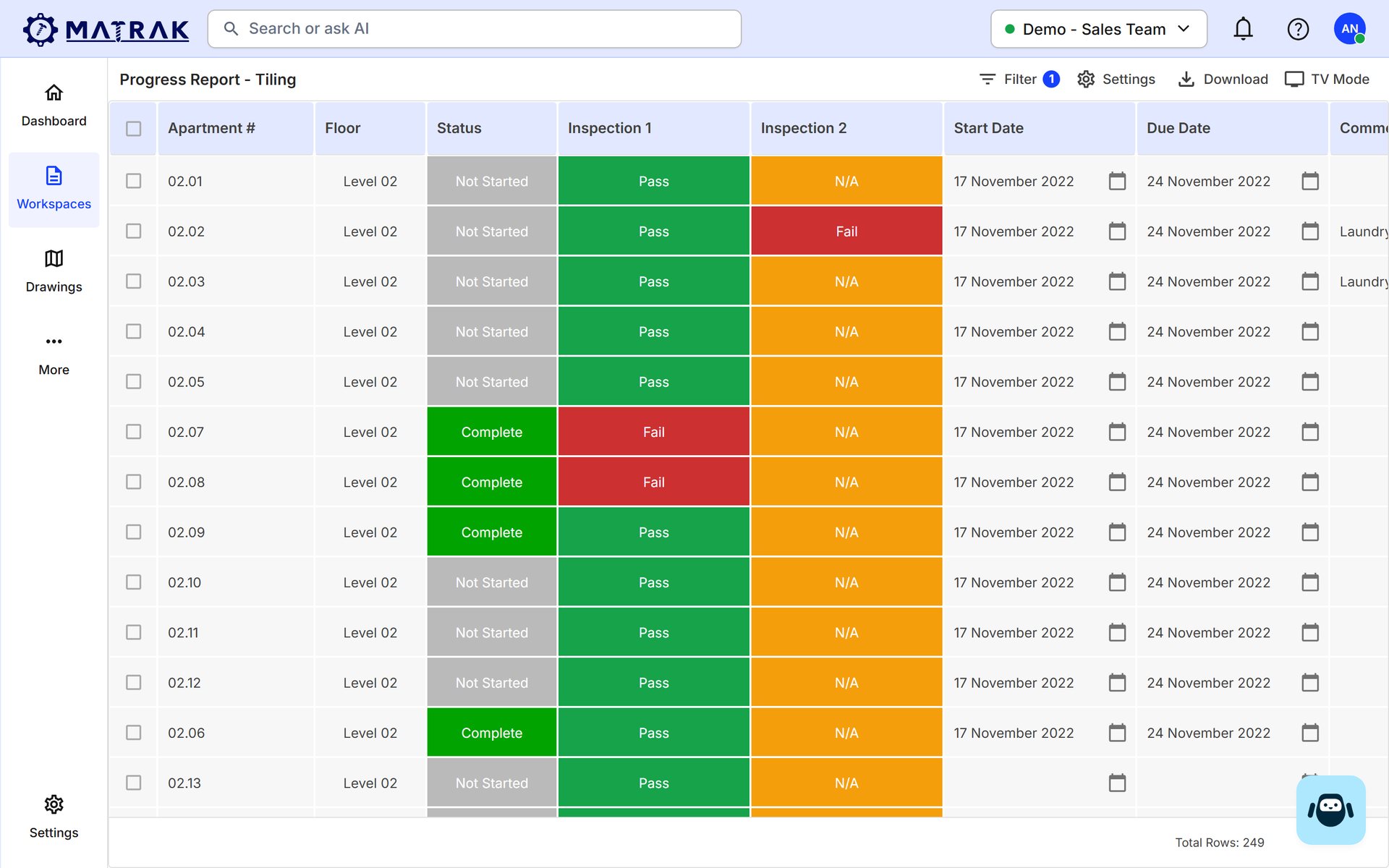 A Matrak tiling progress report: each apartment's status with inspection results pass, fail or N/A, and start and due dates