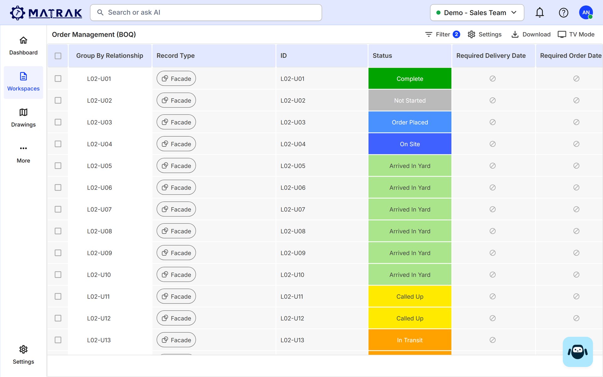 Matrak order management: facade items by status, from not started and order placed to on site, called up and in transit