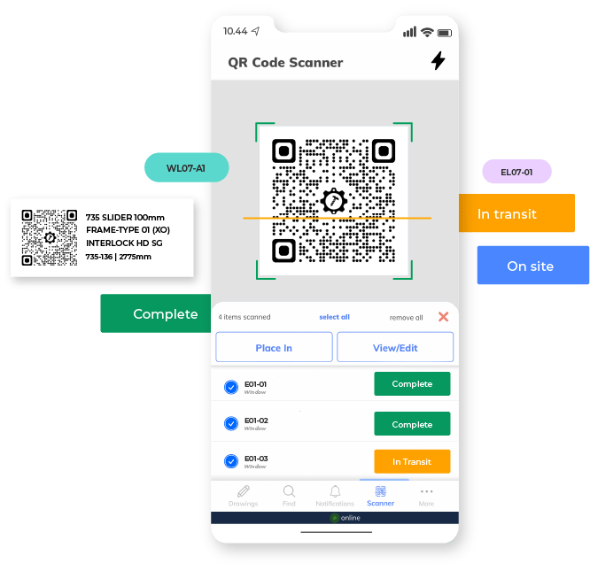 The Matrak app's QR code scanner reading a window label, with scanned items set to Complete and In transit