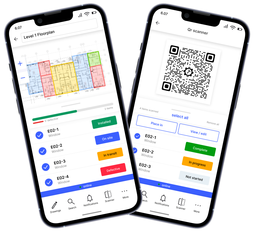 Two Matrak mobile screens: a floor plan coloured by status and the QR scanner