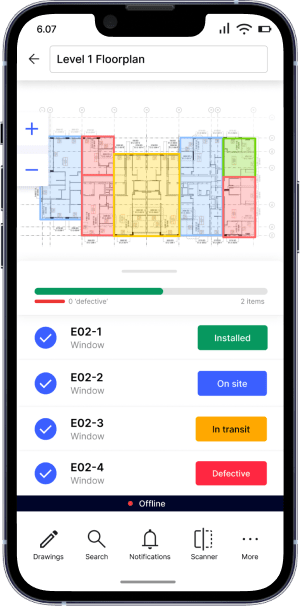 The Matrak app on an iPhone: Level 1 floor plan coloured by status, with windows E02-1 to E02-4 installed, on site, in transit and defective