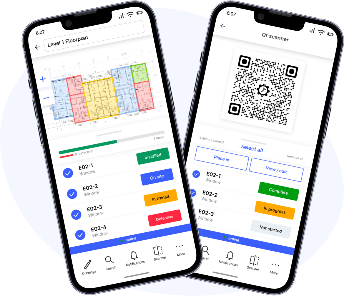 Two Matrak phone screens: a floor plan coloured by status with windows listed, and the QR scanner with scanned items