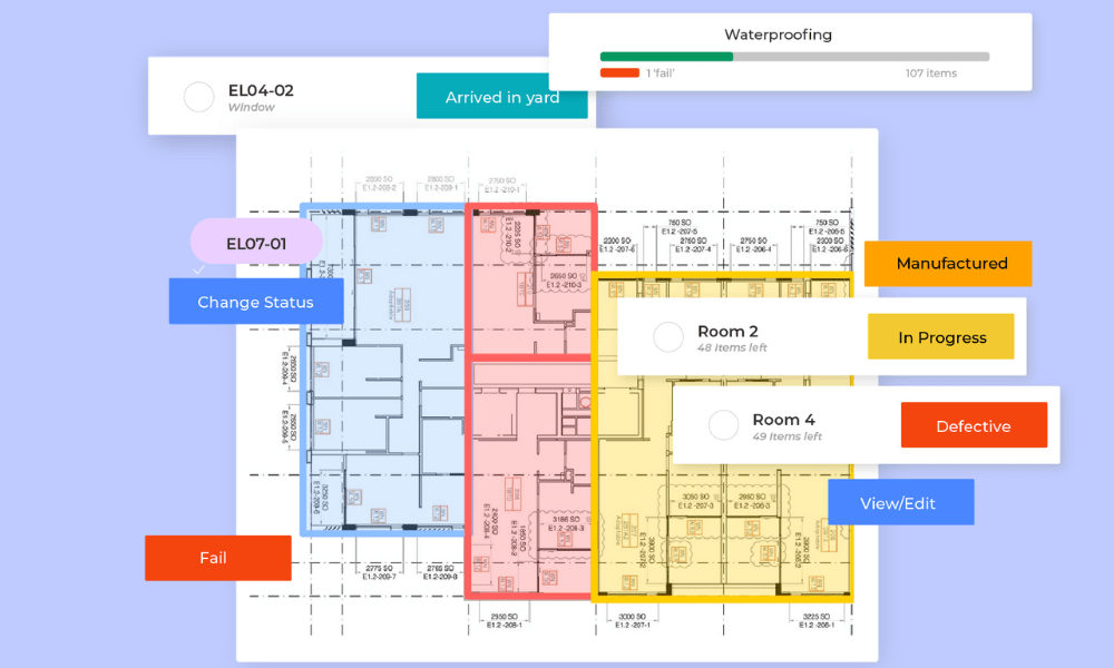 Matrak interactive floor plan with rooms coloured by status: arrived in yard, manufactured, in progress, defective