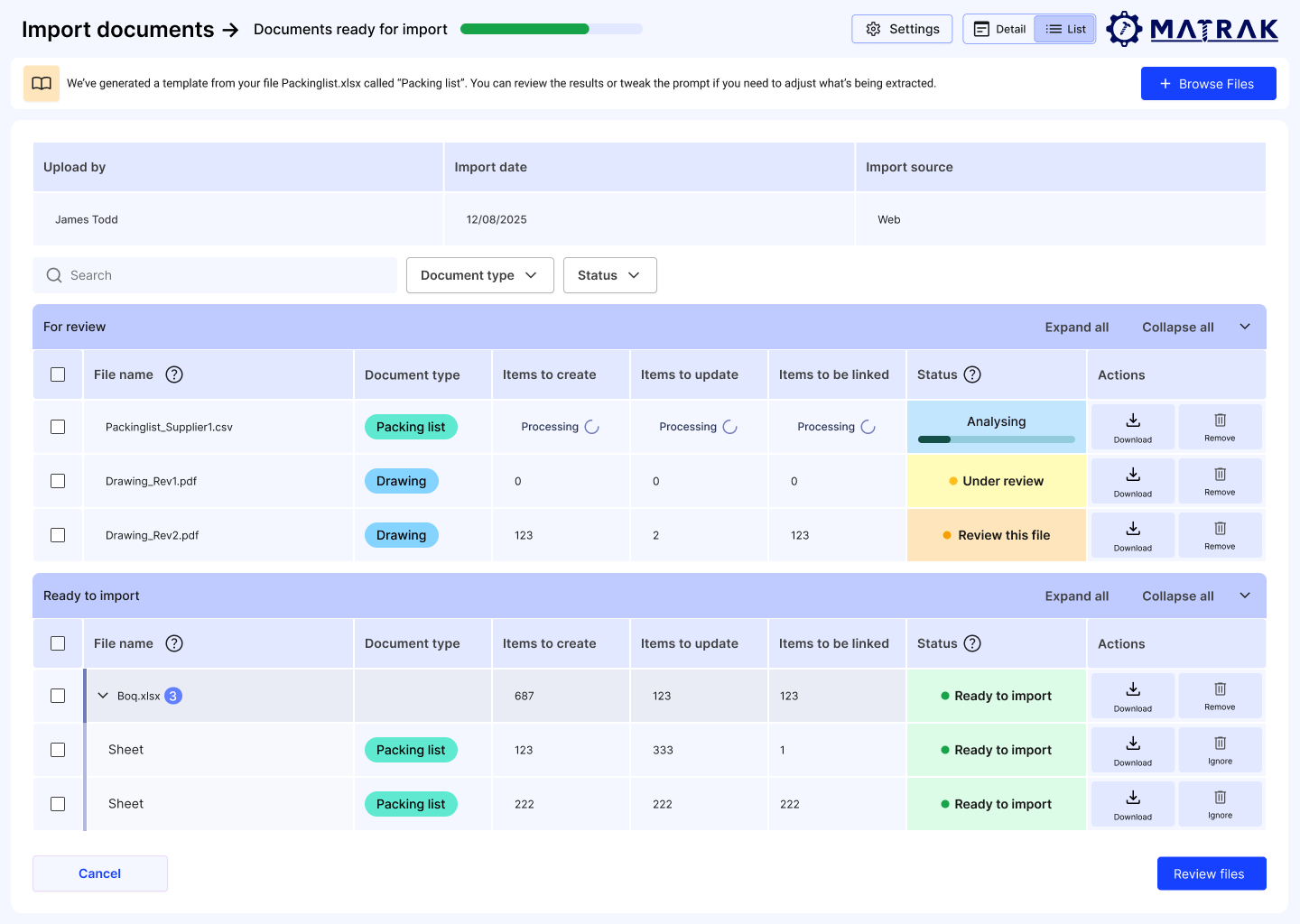 Matrak import screen reading a supplier packing list and drawings into items