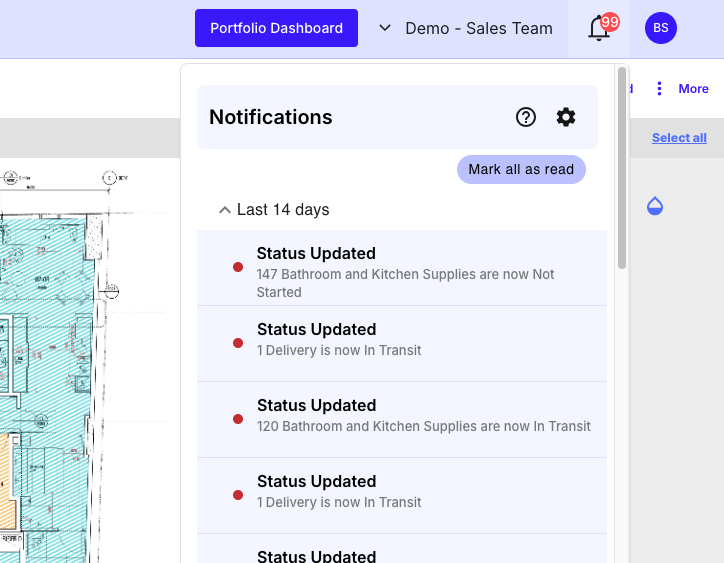 Matrak notifications: status updated, bathroom and kitchen supplies now in transit, a delivery now in transit