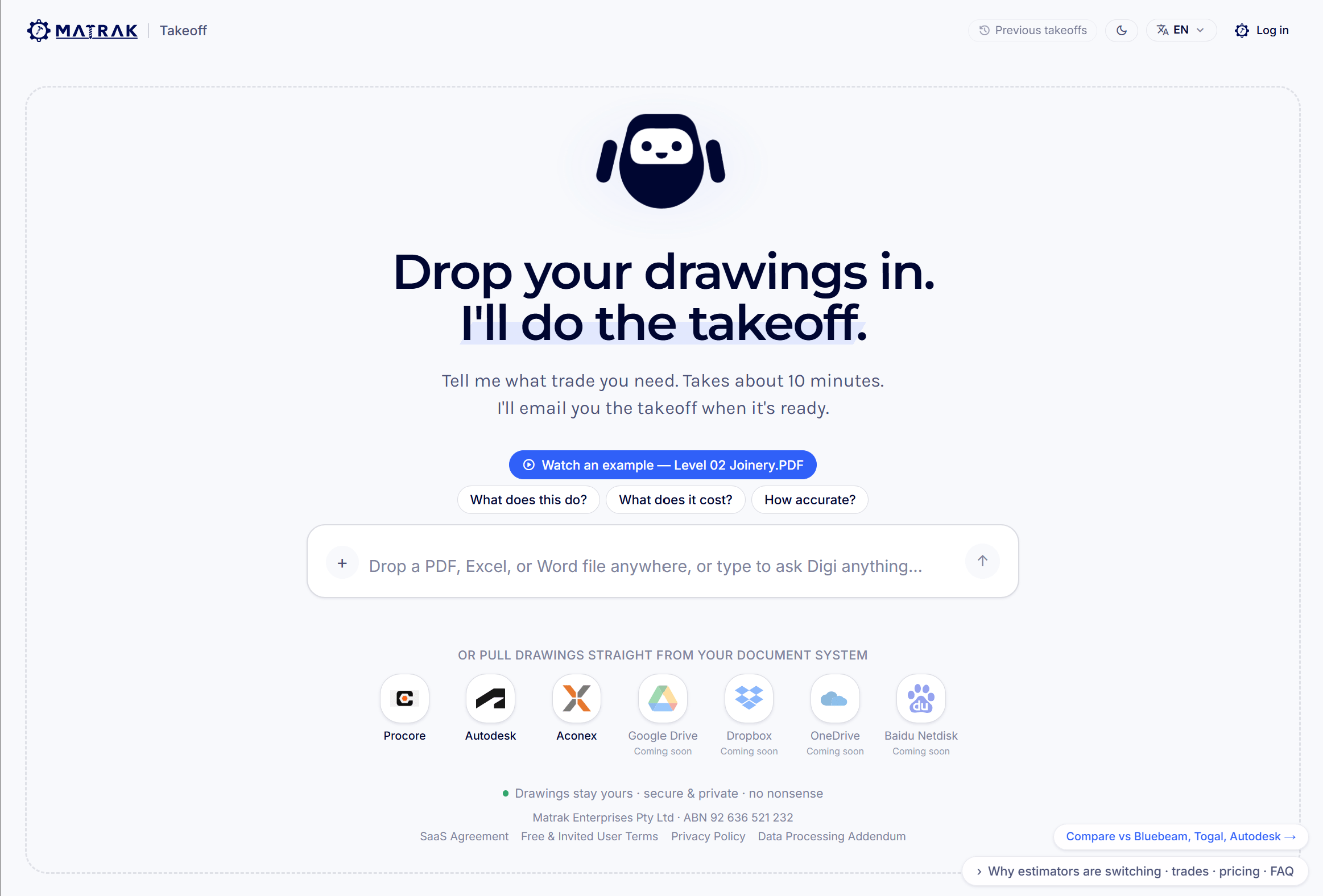 The Matrak AI Takeoff start page: drop your drawings in, with a drop zone and Procore, Autodesk, Aconex, Google Drive, Dropbox and OneDrive