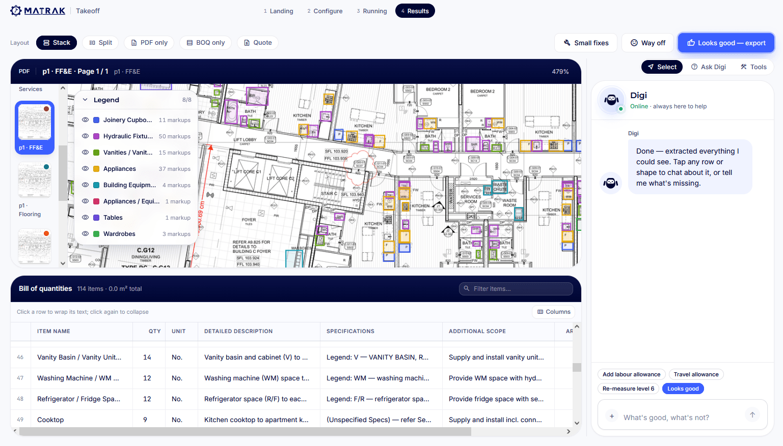 Matrak Connect AI Takeoff results view: a fully specced quote produced from construction drawings